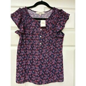 LOFT XXSP Navy Floral Button Front Ruffle Sleeve Blouse NWT